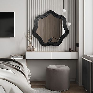 Glitzhome 33.50"D Modern Black Tripled Wood Frame Wavy Wall Mirror