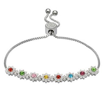 Brilliance Fine Silver Plated Cubic Zirconia Flowers Adjustable Bracelet
