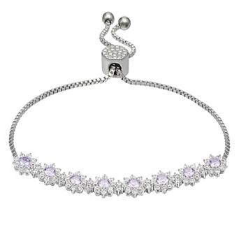 Brilliance Fine Silver Plated Cubic Zirconia Flowers Adjustable Bracelet