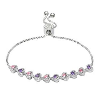 Brilliance Fine Silver Plated Cubic Zirconia & Crystal Sideways Hearts Adjustable Bracelet