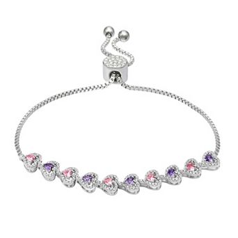 Brilliance Fine Silver Plated Cubic Zirconia & Crystal Sideways Hearts Adjustable Bracelet