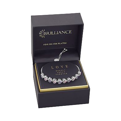 Brilliance Fine Silver Plated Cubic Zirconia & Crystal Sideways Hearts Adjustable Bracelet