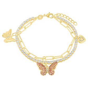 Brilliance 18k Gold Flash Plated Multicolor Cubic Zirconia Butterfly Heart Charms Double Layer Bracelet
