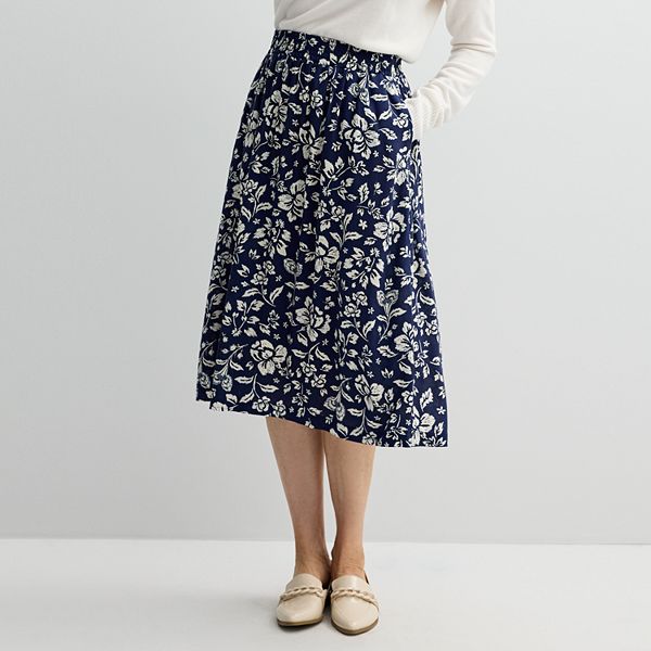 Women's Croft & Barrow® Elastic Waist Midi Skirt - Navy Blooms (XX LARGE)