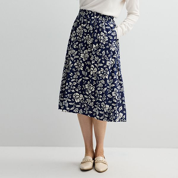 Petite Croft & Barrow Tiered Polished-Front Pull-On Skirt - Navy Blooms (L PETITE)