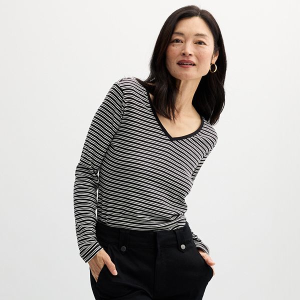 Women's Croft & Barrow® Essential Long Sleeve V-Neck Tee - Black Neat Stripe (X SMALL)