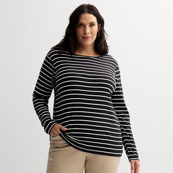 Plus Size Croft & Barrow® Essential Crewneck Long Sleeve Tee - Black Classy Stripe (1X)