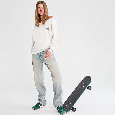 Juniors' Aeropostale Camo Star Off-The-Shoulder Oversized Crewneck Sweater