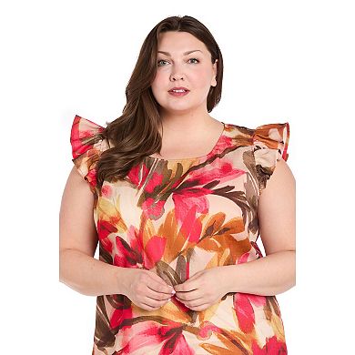 Plus Size R&M Richards Ruffle Sleeve Scoop Neck Printed A-Line Dress