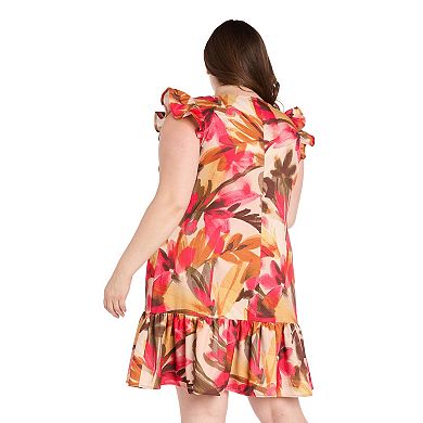 Plus Size R&M Richards Ruffle Sleeve Scoop Neck Printed A-Line Dress