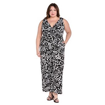 Plus Size R&M Richards Printed Jersey Tie Waist Jumpsuit