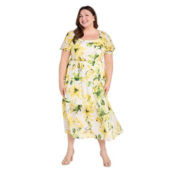 Plus Size R&M Richards Printed Puff Sleeve Tiered Dress