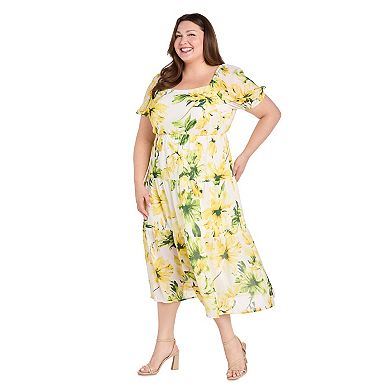 Plus Size R&M Richards Printed Puff Sleeve Tiered Dress