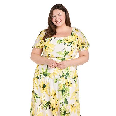 Plus Size R&M Richards Printed Puff Sleeve Tiered Dress