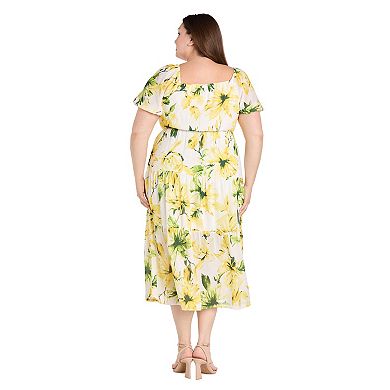 Plus Size R&M Richards Printed Puff Sleeve Tiered Dress