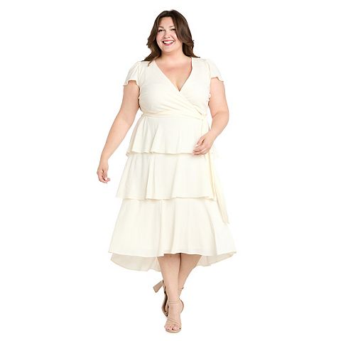Женские платья R&M Plus Size R&M Richards Short Sleeve Faux Wrap Tiered Skirt Dress With Tie Waist