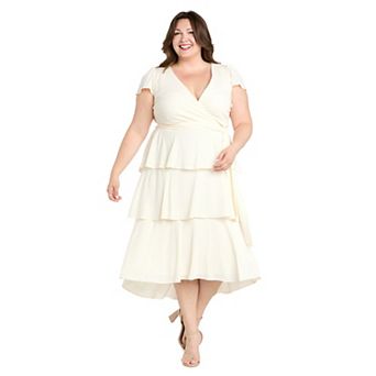 Plus Size R&M Richards Short Sleeve Faux Wrap Tiered Skirt Dress With Tie Waist