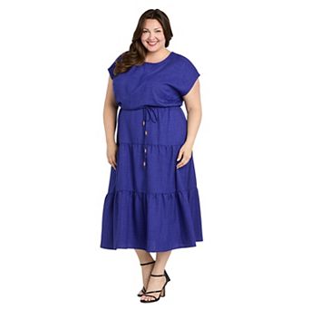 Plus Size R&M Richards Drop Waist Tiered Linen Dress & Bead Tie Detail