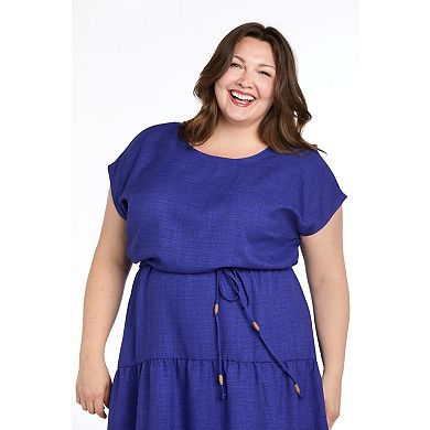Plus Size R&M Richards Drop Waist Tiered Linen Dress & Bead Tie Detail