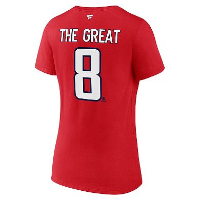 Women's Fanatics Alexander Ovechkin Athletic Red Washington Capitals NHL All-Time Leading Goal Scorer The Great 8 Name & Number V-Neck T-Shirt
