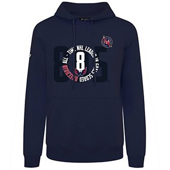 Men's Levelwear Alexander Ovechkin Navy Washington Capitals NHL All-Time Leading Goal Scorer Milestone Name & Number Podium Pullover Hoodie