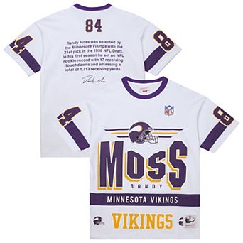 Men's�Mitchell & Ness Randy Moss White Minnesota Vikings Name & Number Team Origins Vintage Logo T-Shirt