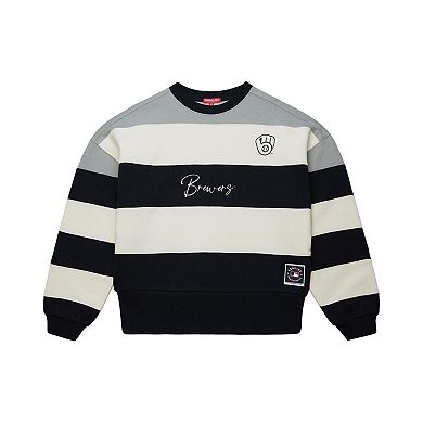 Women's Mitchell & Ness Gray/Black Milwaukee Brewers Cooperstown Collection Blocked Fleece Pullover Sweatshirt