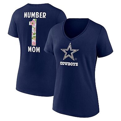 Women's Navy Dallas Cowboys Floral Number 1 Mom V-Neck T-Shirt