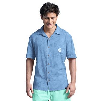 Men's Margaritaville Blue New York Yankees Linen Party Button-Up Shirt