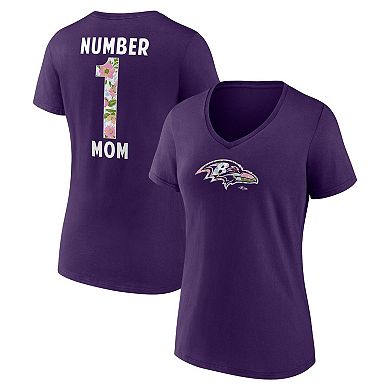 Women's Purple Baltimore Ravens Number 1 Mom Floral V-Neck T-Shirt