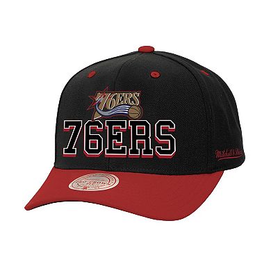 Men's Mitchell & Ness Black/Red Philadelphia 76ers Backside Script 2-Tone Pro Crown Adjustable Hat