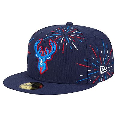 Men's New Era Navy Milwaukee Bucks Americana Fireworks 59FIFTY Fitted Hat
