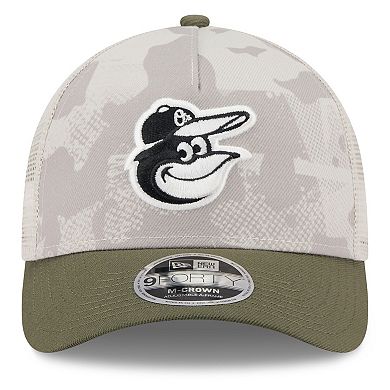 Men's New Era Light Beige/Olive Baltimore Orioles 2025 Armed Forces Day 9FORTY M-Crown A-Frame Adjustable Hat