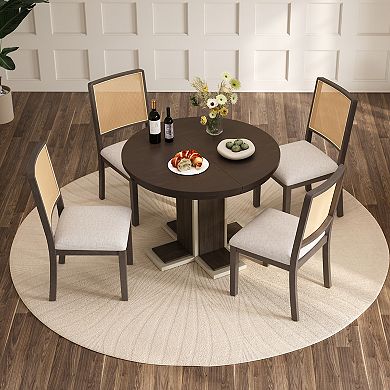Merax Round Dining Table for 4 with Chairs Set, Extendable Dining Table Set