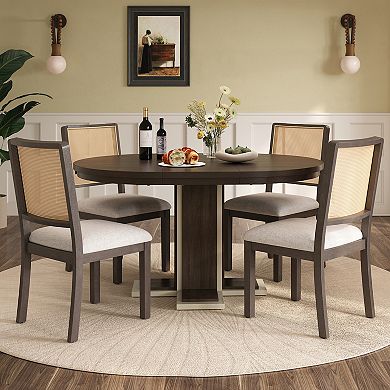 Merax Round Dining Table for 4 with Chairs Set, Extendable Dining Table Set