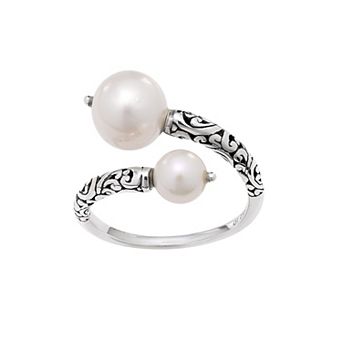 Athra NJ Inc Sterling Silver Double Simulated Pearl Bypass Ring