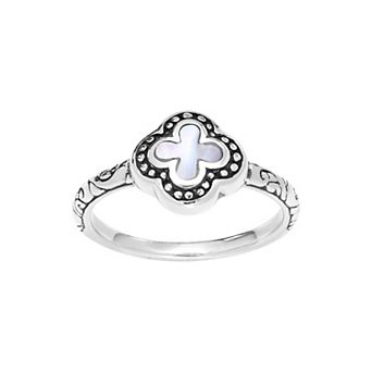Athra NJ Inc Sterling Silver Oxidized Mother-of-Pearl Dot Flower Ring