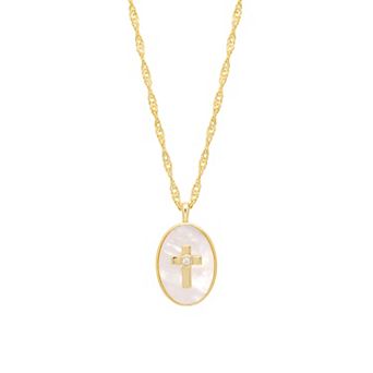 Athra NJ Inc 14k Gold Flash Plated Mother-of-Pearl & Cubic Zirconia Cross Framed Necklace