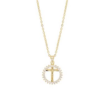 Athra NJ Inc 14k Gold Flash Plated Cubic Zirconia Round Crucifix Necklace