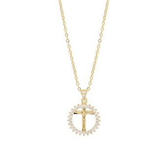Athra NJ Inc 14k Gold Flash Plated Cubic Zirconia Round Crucifix Necklace