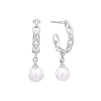 Athra NJ Inc Fine Silver Plated Simulated Pearl Hoop Stud Earrings