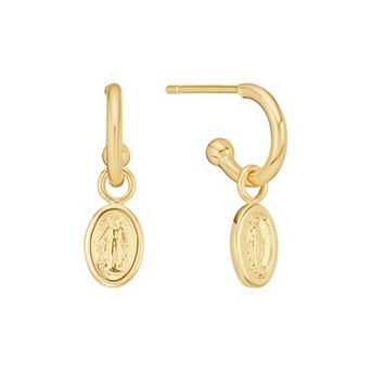 Athra NJ Inc 14k Gold Flash Plated Oval Mary Medal Drop Hoop Earrings