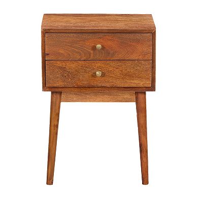 Nali Bedside Nightstand Table, 2 Drawers, Natural Brown Mango Wood, Brass Knobs