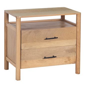 Geti Bedside Nightstand Table, Handcrafted Natural Oak White Mango Wood, 2 Drawer, Open Shelf