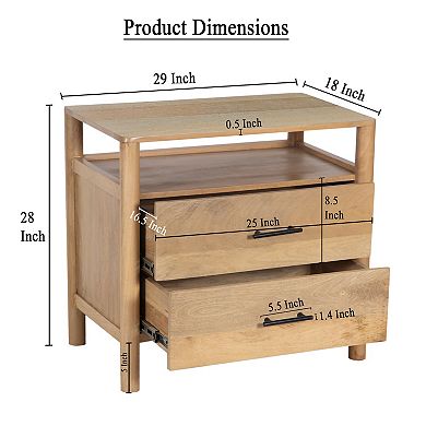 Geti Bedside Nightstand Table, Handcrafted Natural Oak White Mango Wood, 2 Drawer, Open Shelf