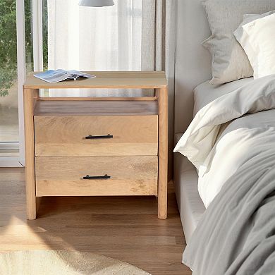 Geti Bedside Nightstand Table, Handcrafted Natural Oak White Mango Wood, 2 Drawer, Open Shelf