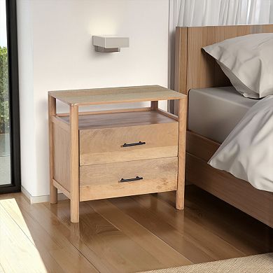 Geti Bedside Nightstand Table, Handcrafted Natural Oak White Mango Wood, 2 Drawer, Open Shelf