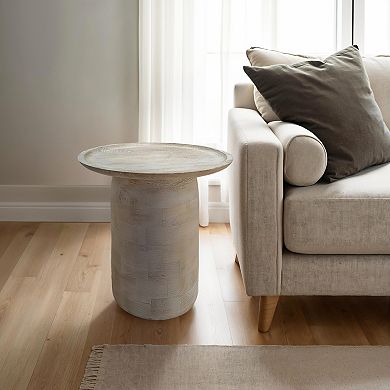 Oais Side End Table, Sandblasted Distressed White Mango Wood, 17 Inch Round Top