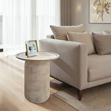Oais Side End Table, Sandblasted Distressed White Mango Wood, 17 Inch Round Top
