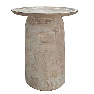 Oais Side End Table, Sandblasted Distressed White Mango Wood, 17 Inch Round Top